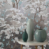 Harewood Foil Silver Luxury Chinoiserie Wallpaper - 1602-100-01