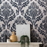 Faversham Charcoal Black Luxury Flock Wallpaper - 1602-101-04