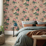 Madama Butterfly Coral Pink Luxury Floral Wallpaper