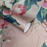 Madama Butterfly Coral Pink Luxury Floral Wallpaper