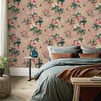 Madama Butterfly Coral Pink Luxury Floral Wallpaper