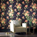Madama Butterfly Ebony Black Luxury Floral Wallpaper