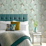 Leonora Teal Green Luxury Floral Wallpaper