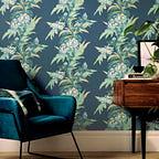 Aurora Lagoon Blue Luxury Floral Wallpaper