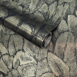Tranquil Jet Black and Gold Foil Luxury Feather Wallpaper