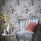 Le Toucan Soft Grey Luxury Bird Wallpaper
