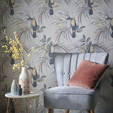 Le Toucan Soft Grey Luxury Bird Wallpaper