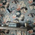 Water Lilies Mineral Green Luxury Floral Wallpaper