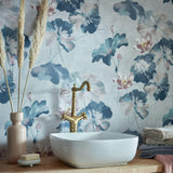 Water Lilies Blue Dusk Luxury Floral Wallpaper