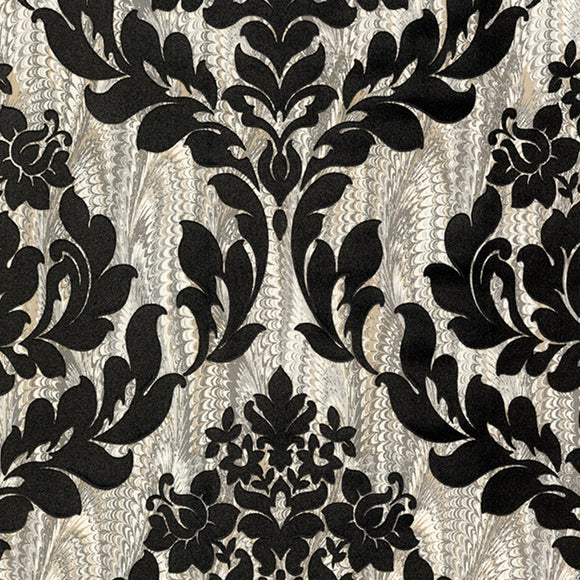 Faversham Charcoal Black Luxury Flock Wallpaper - 1602-101-04
