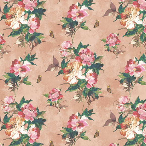 Madama Butterfly Coral Pink Luxury Floral Wallpaper