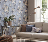 Madama Butterfly Denim Blue Luxury Floral Wallpaper