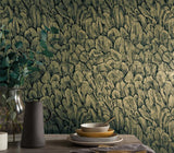 Tranquil Jet Black and Gold Foil Luxury Feather Wallpaper