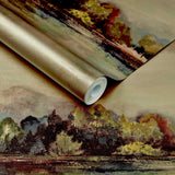 Lakeside Autumn Gold Luxury Landscape Wallpaper